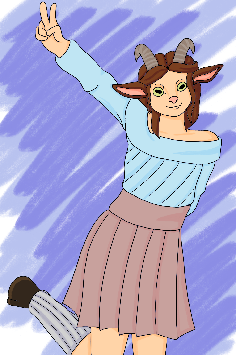 Stary, my sona.
He has white skin, mid length straight light brown hair, green goat eyes, goat horns and ears.
She wears a light blue open on top shirt, a purple short skirt, grey long socks and has goat feets.
He's standing on one feet, making a 'V' with her right hand, the other behind his back. The background is white and purple.