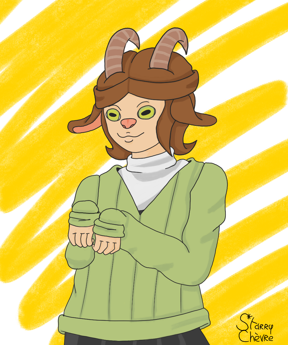 Starry again.
This time, he wears a light green sweater, with a light grey turtle neck under, and a black skirt.
Her hair is curling inwards at the end this time. He holds his hands like a T-rex. The background is white and yellow.