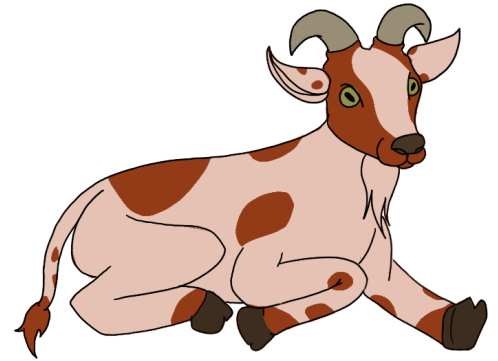 A digital drawing of a white and brown goat with horns, sitting down.